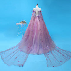 Prom Dress Sleeve, Light Purple Tulle Long Sweet 16 Gown, Flowers Quinceanera Dress