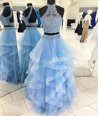 Two Pieces Blue Tulle Lace Long Lace Blue Prom Dresses