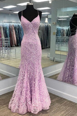 Prom, V Neck Backless Mermaid Purple Lace Long Prom Dress, Mermaid Purple Formal Dress, Purple Lace Evening Dress