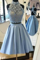 Halter Lace Blue Homecoming Dress