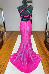 Fuchsia Mermaid Backless Sequined Prom Dress