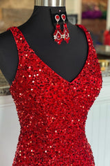 Sheath Spaghetti Straps Red Sequins Prom Dress with Split Front