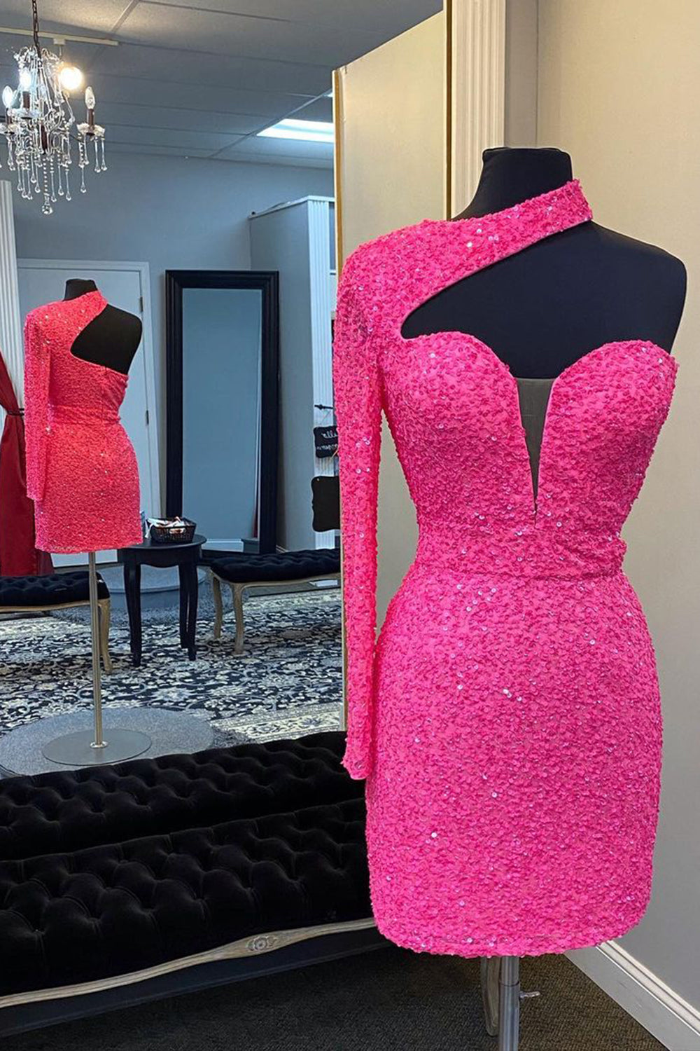 Hot Pink One Shoulder One Sleeves Tight Sequins Short Homecoming Dress