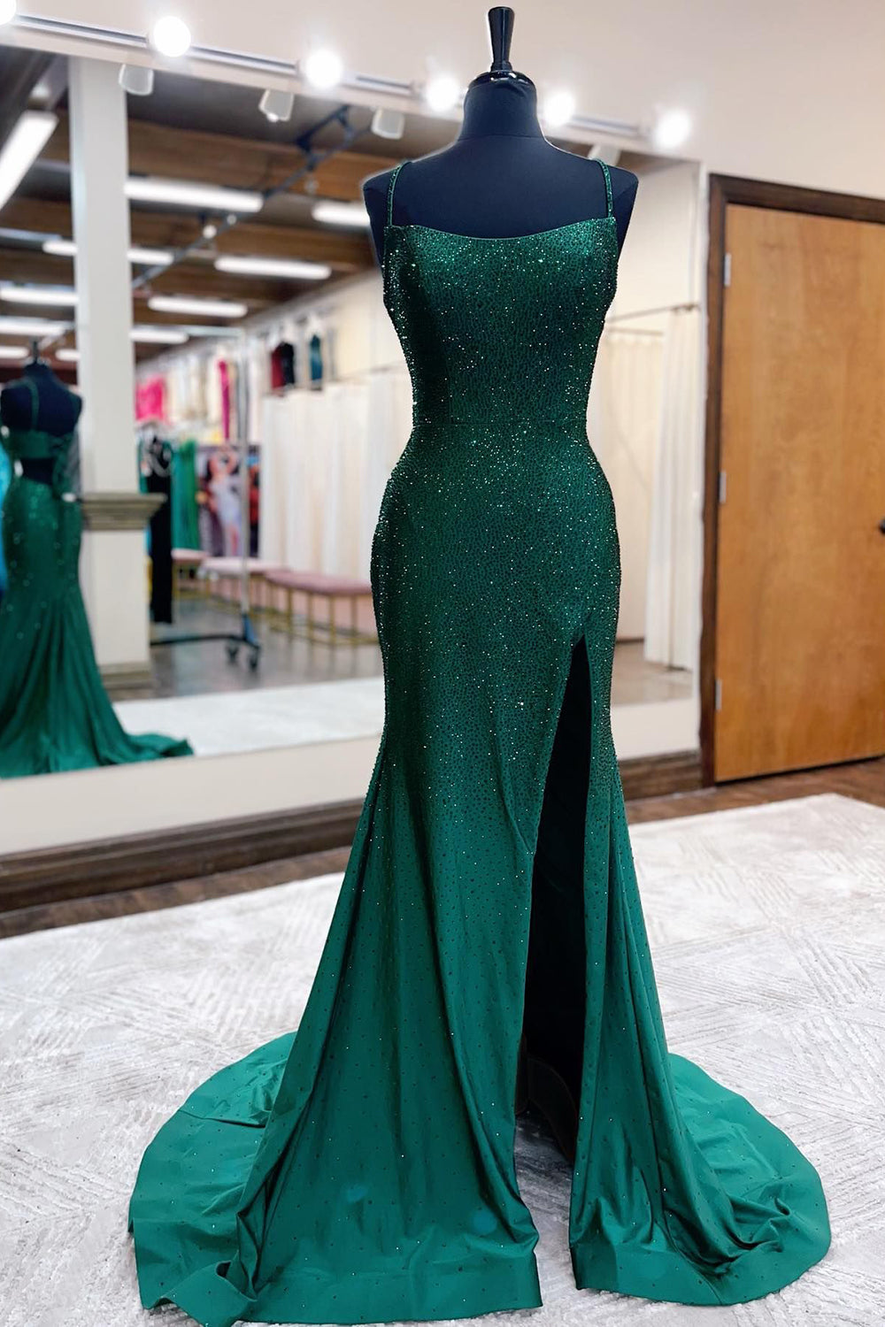 Mermaid Spaghettti Straps Dark Green Sequins Long Prom Dress with Split Front