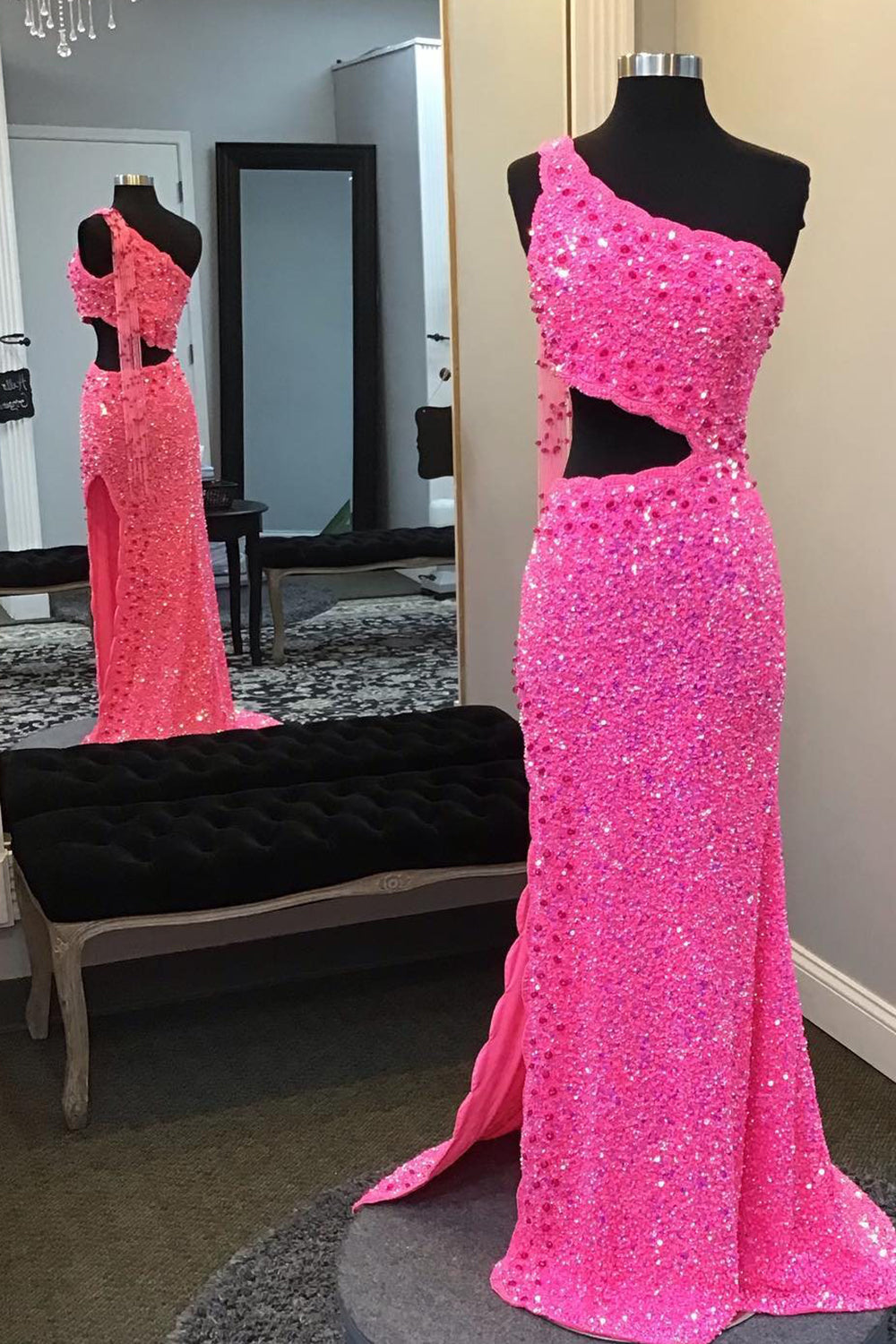 Hot Pink One Shoulder Sequins Prom Dress with Slit