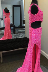 Hot Pink One Shoulder Sequins Prom Dress with Slit