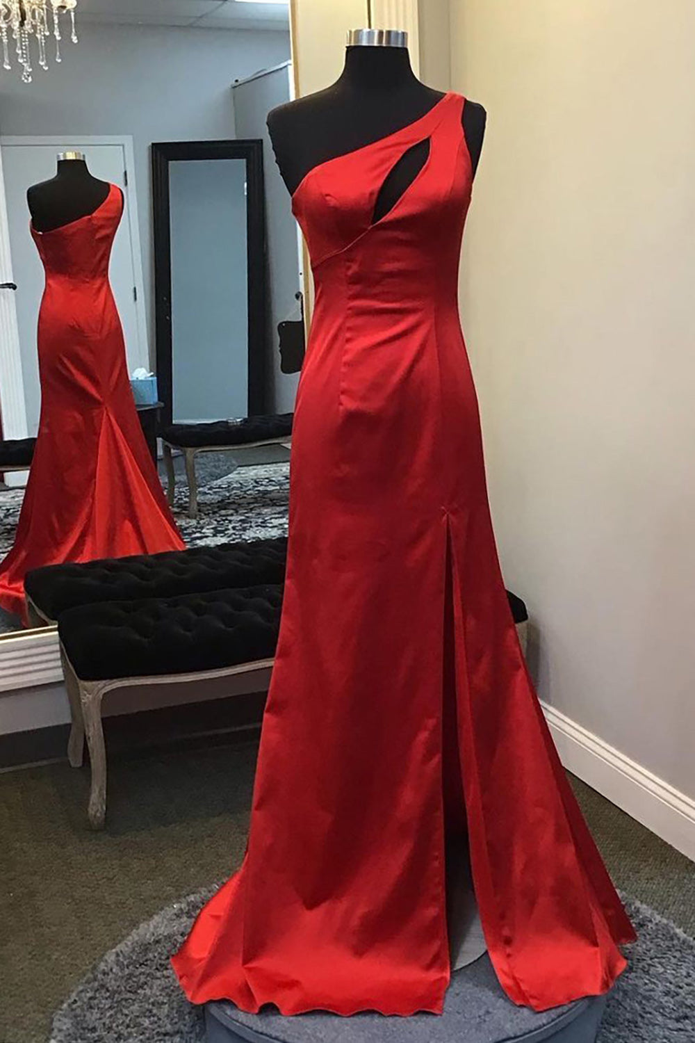 Mermaid One Shoulder Red Long Prom Dress with Keyhole