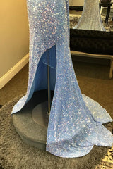 Light Blue One Shoulder Cut-Out Mermaid Long Prom Dress with Fringes