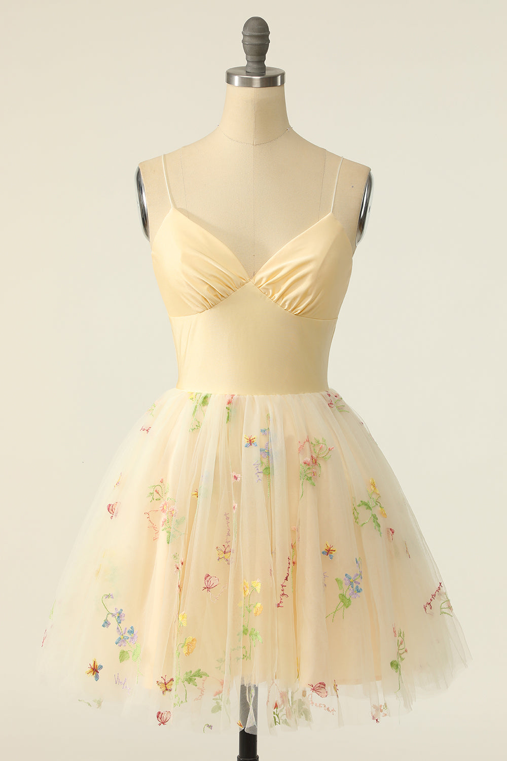 Champagne Tulle A-Line Homecoming Dress with Embroidery