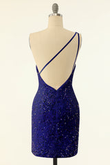 Royal Blue One Shoulder Sequins Tight Homecoming Dress