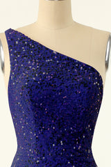 Royal Blue One Shoulder Sequins Tight Homecoming Dress
