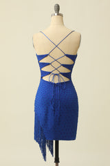 Royal Blue Spaghetti Straps Homecoming Dress With Fringes