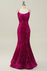 Hot Pink Sequin Spaghetti Straps Mermaid Prom Dress with Lace-up Back