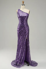 Purple Sequin One Shoulder Prom Dress with Slit