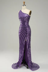 Purple Sequin One Shoulder Prom Dress with Slit