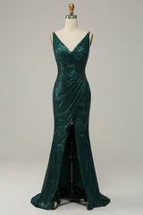 Dark Green Sequined Spaghetti Straps Prom Dress With Slit