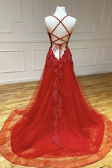 A Line Backless Red Lace Long Prom Dress, Long Red Lace Formal Dress, Red Evening Dress