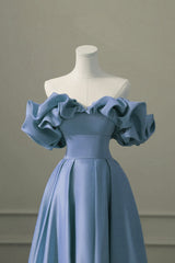 A-line Blue Satin Off Shoulder Long Evening Dress, Long Formal Dress Party Dress