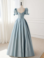 A-Line Blue Satin Puffy Sleeve Long Prom Dress, Blue Formal Dresses
