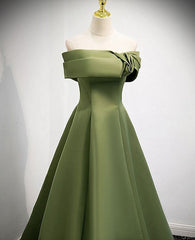 A-line Green Satin Off Shoulder Long Evening Dress, Green Floor Length Prom Dress