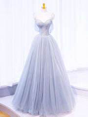 A-Line Off Shoulder Tulle Sequin Gray Long Prom Dress, Gray Tulle Formal Dress