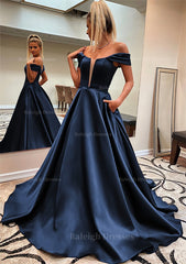 A Line Off The Shoulder Sleeveless Satin Sweep Train Prom Dress With Pockets