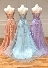 A Line One Shoulder Sleeveless Long Floor Length Tulle Prom Dress With Appliqued Split
