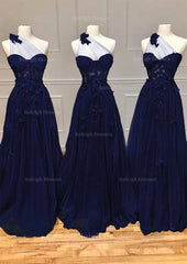 A Line One Shoulder Sleeveless Long Floor Length Tulle Prom Dress With Appliqued Split