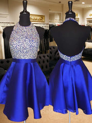 A-Line/Princess Halter Short/Mini Satin Homecoming Dresses With Beading