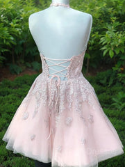 A-Line/Princess Halter Short/Mini Tulle Homecoming Dresses With Appliques Lace