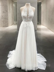 A-Line/Princess Halter Sweep Train Tulle Wedding Dresses With Appliques Lace