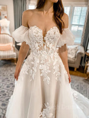 A-line / princesse Chapelle à épaules épaules Train en tulle robes de mariée avec appliques dentelle