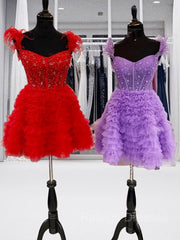 A-line/Princess Off-the-Shoulder Knee-Length Tulle Homecoming Dress with Cascading Ruffles