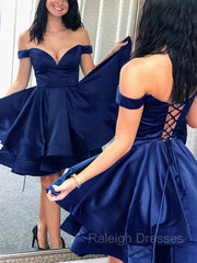 A-Line/Princess Off-the-Shoulder Short/Mini Satin Homecoming Dresses With Cascading Ruffles