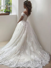 A-Line/Princess Off-the-Shoulder Sweep Train Tulle Wedding Dresses With Appliques Lace