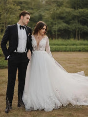 A-Line/Princess Scoop Cathedral Train Tulle Wedding Dresses With Appliques Lace