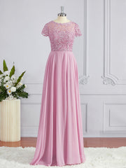 A-Line/Princess Scoop Floor-Length Chiffon Bridesmaid Dresses with Appliques Lace