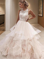 A-Line/Princess Scoop Floor-Length Tulle Wedding Dresses