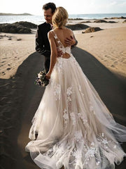 A-Line/Princess Scoop Sweep Train Lace Wedding Dresses With Appliques Lace