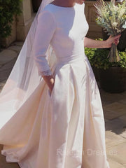 A-Line/Princess Scoop Sweep Train Stretch Crepe Wedding Dresses With Ruffles