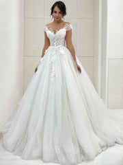 A-Line/Princess Scoop Sweep Train Tulle Wedding Dresses