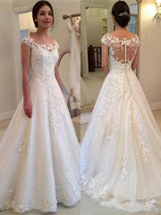 A-Line/Princess Scoop Sweep Train Tulle Wedding Dresses With Appliques Lace
