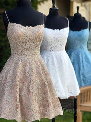 A-LINE/Princess Spaghetti Correas cortas/mini vestidos de bienvenida de encaje con encaje apliques