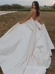 A-line/Princess Straps Court Train Satin Wedding Dress with Bow