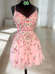 A-line/Princess Straps Short/Mini Lace Homecoming Dress with Appliques Lace