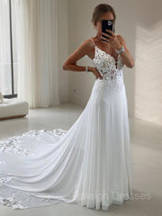 A-Line/Princess V-neck Chapel Train Chiffon Wedding Dresses With Appliques Lace