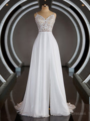 A-line/Princess V-Neck Court Train Chiffon Wedding Dresses con fessura delle gambe