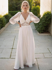 A-Line/Prinzessin V-Ausschnitt bodenlangen Chiffon-Hochzeitskleid