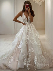 A-Line/Princess V-neck Floor-Length Tulle Wedding Dresses With Appliques Lace