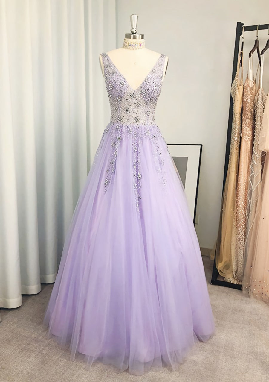 A Line Princess V Neck Long Floor Length Tulle Prom Dress With Beading Sequins